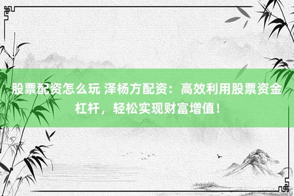 股票配资怎么玩 泽杨方配资：高效利用股票资金杠杆，轻松实现财富增值！